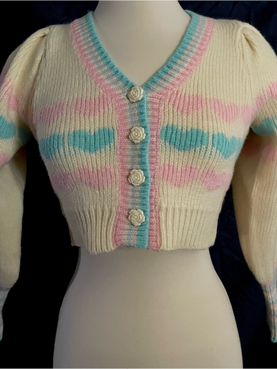 For Love Bell Sweaters - Cream Cropped Cardigan with Pink & Blue Heart Motif